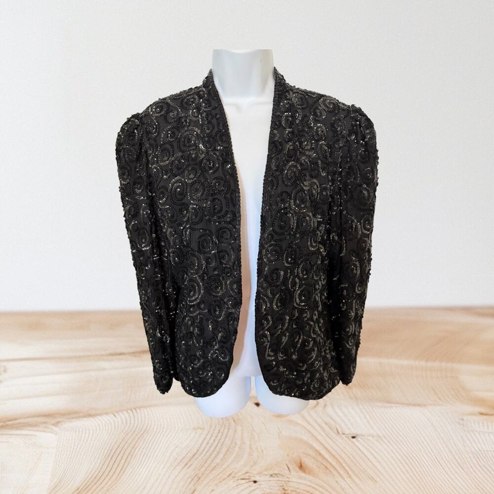 Vintage Nite Line 100% Silk Black Sequin Evening Jacket M